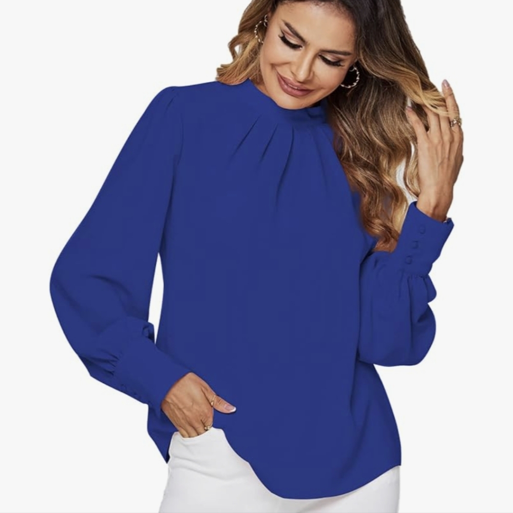 LYANER Women's Mock Neck Pleated Solid Long Sleeve Blouse Royal Blue - M